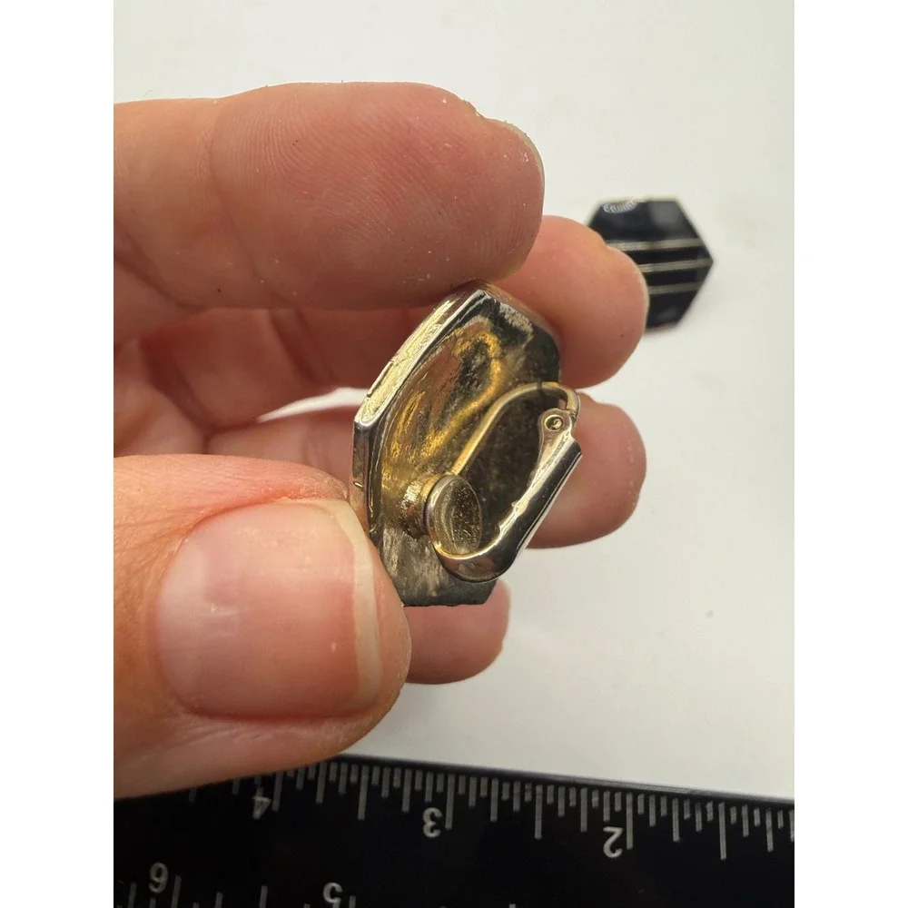 Vintage Black Enamel Hexagon Clip On Earrings Silver Tone Geometric‎ Art Deco